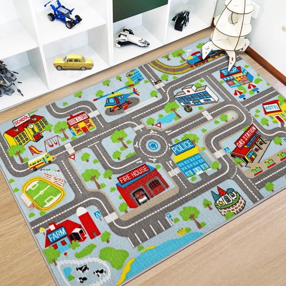ORGOWEL Educational Kids Play Rug Educational Road Traffic Map Game Area Rug Non-Slip Large Washable Capet for Toddler Boys Bedroom Playroom Classroom,39.4"x63",Blue