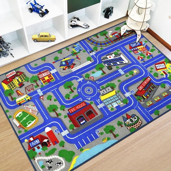 ORGOWEL Kids Rug Educational Play Rug Kids Road Carpet for Toy Cars Non-Slip Large Learning Play Game Area Rug Traffic Road Map for Playroom Bedroom Baby Toddler Boys Classroom,39.4"x63",Dark Blue