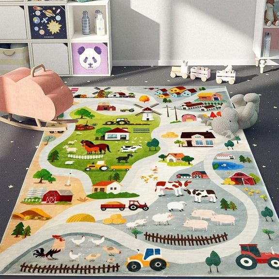 Kids Rug - Farmhouse Animal Carpet For Boys Girls Room - Soft Playmat For Playroom & Bedroom - Educational & Washable-2x3ft