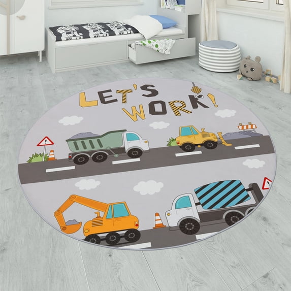 Kids Rug Non-Slip Play Mat with Construction Road in Grey