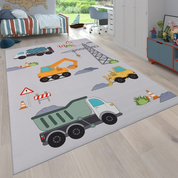 Kids Rug Non-Slip Play Mat with Construction Vehicles in Grey