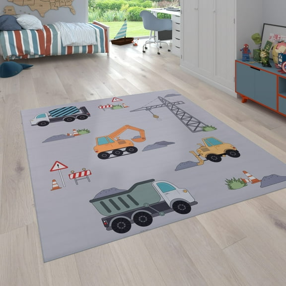 Kids Rug Non-Slip Play Mat with Construction Vehicles in Grey