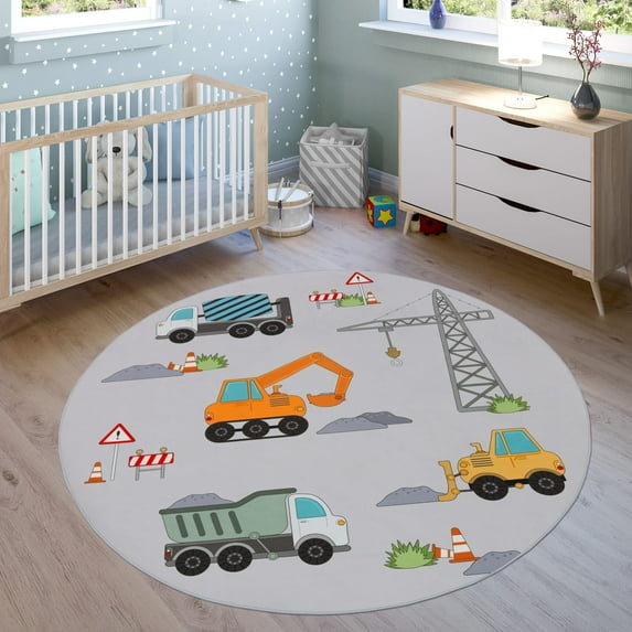 Kids Rug Non-Slip Play Mat with Construction Vehicles in Grey
