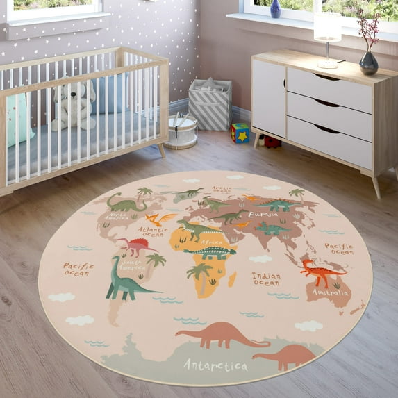 Kids Rug Non-Slip Play Mat with Dinosaurs on World Map in Beige