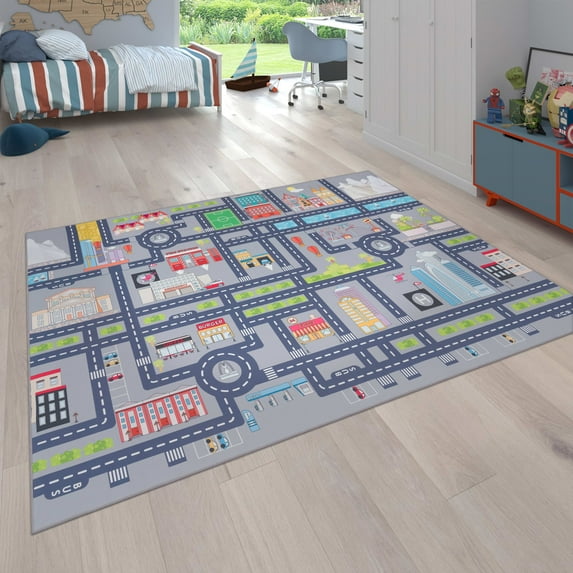 Kids Rug Non-Slip Play Mat with Houses & Streets in Grey