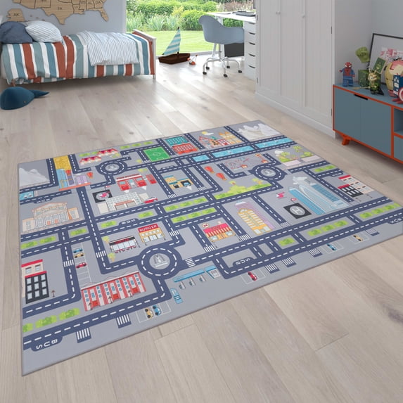 Kids Rug Non-Slip Play Mat with Houses & Streets in Grey