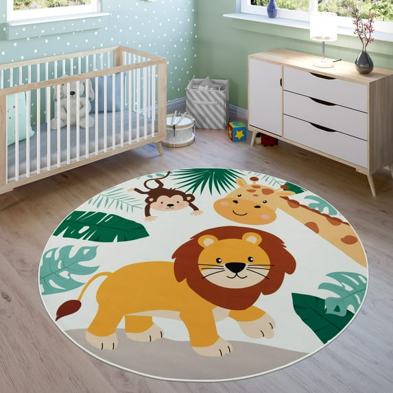 Kids Rug Non-Slip Play Mat with Lion Giraffe and Monkey in Beige