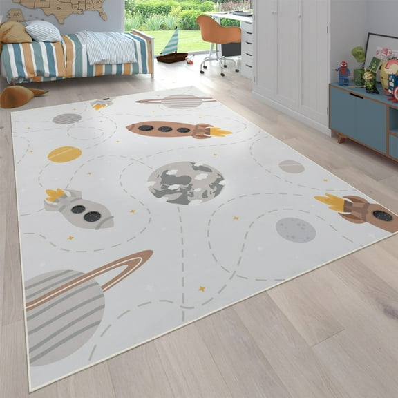 Kids Rug Non-Slip Play Mat with Planets and Rockets in Cream