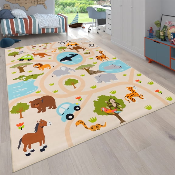 Kids Rug Non-Slip Play Mat with Wild Animals in Beige