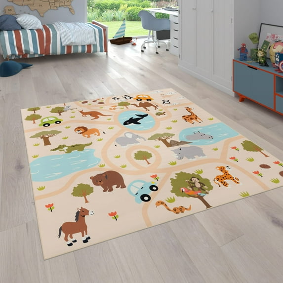 Kids Rug Non-Slip Play Mat with Wild Animals in Beige