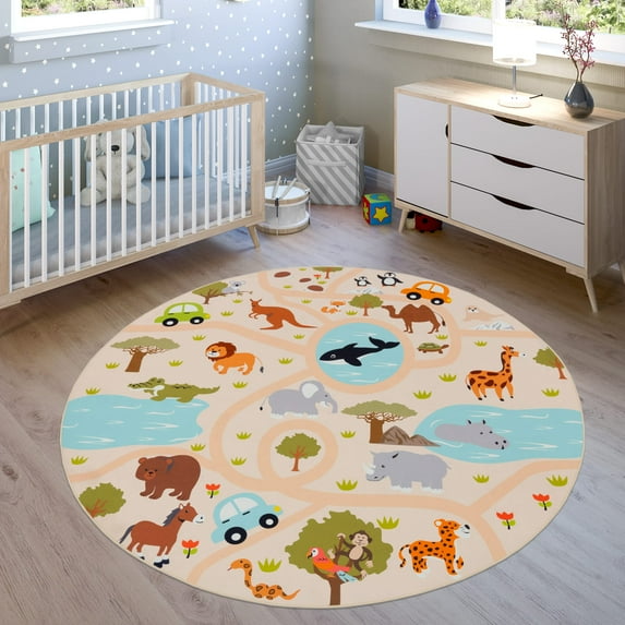 Kids Rug Non-Slip Play Mat with Wild Animals in Beige