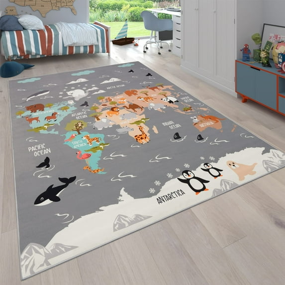 Kids Rug Non-Slip Play Mat with World Map of Animals in Grey