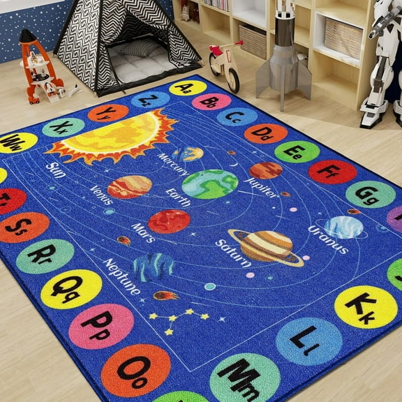 Kids Rug Outer Space Carpet for Playroom, ABC Educational Learning Area Rug, Non-Slip Solar System Road Play Play Rug for Kids Bedrooms, Classroom, Nursery Room Decor (Blue, 78.7X59 INCH)