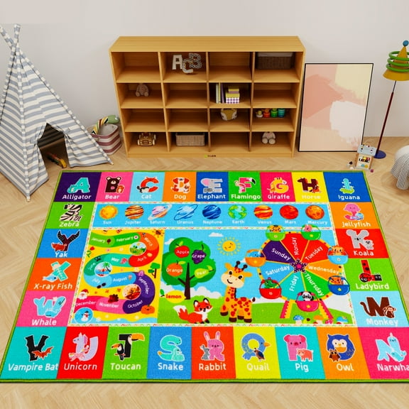 Kids Rug for Playroom, Kids ABC Educational Rug for Kids Room, Kids Carpet with Animals, Month, Weeks, Fruit, Planets Learning Rugs for Classroom Bedroom, Kids Baby Play Mat (78.7 X 59 INCH)