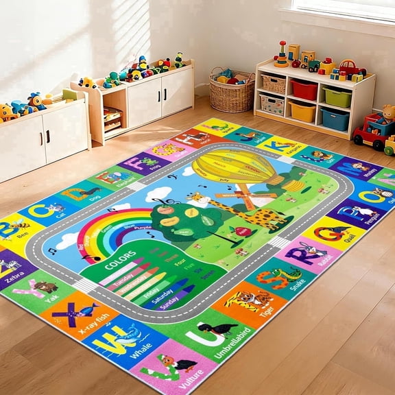 ORGOWEL Kids Rug for Playroom Soft Non-Slip Kids Play Rug Abc Educational Area Rug Washable Nursery Room Carpet with Alphabet Numbers Color Fruit for Bedroom,Colorful,3'x5'