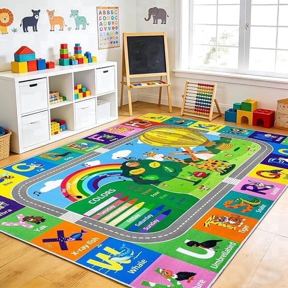 ORGOWEL Kids Rug for Playroom Soft Non-Slip Animal Carpet Abc Educational Area Rug Washable Nursery Room Carpet with Alphabet Numbers Color Fruit for Bedroom,Colorful,5'x7'