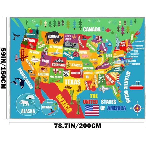 Kids  Rug USA Map Educational Mat Soft Non-Slip Carpet for Nursery Classroom