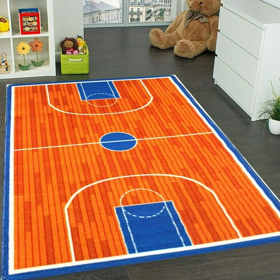 Kids Rug basketball court 5' X 7' Children Area Rug for Playroom & Nursery - Non Skid Gel Backing