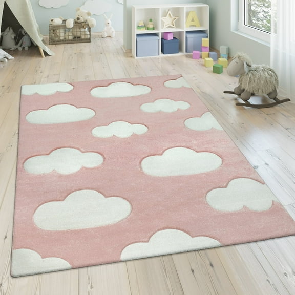 Paco Home Kids Rug with Charming Clouds for Nursery in Pastel Pink