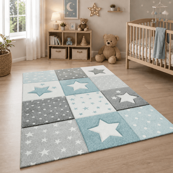 Kids Rug with Stars for Nursery Checkered in Blue