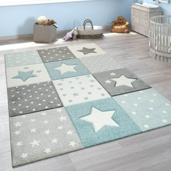 Kids Rug with Stars for Nursery Checkered in Blue