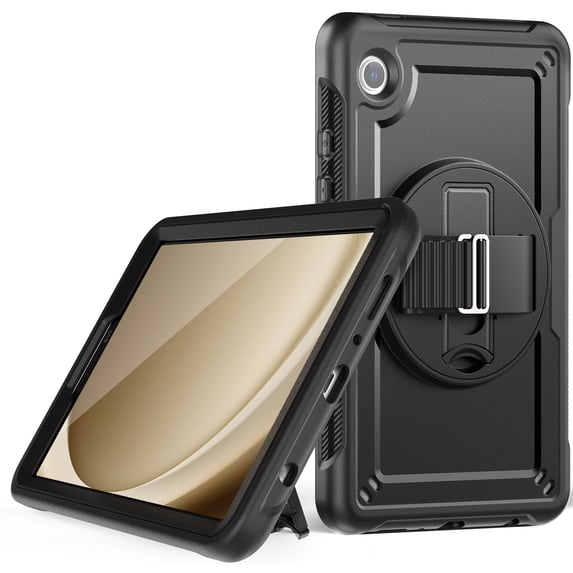 for Kids Rugged Heavy Duty Case for Samsung Galaxy Tab A9 8.7" 2023 SM-X110 / SM-X115, Shockproof 360 Degree Rotatable Kickstand with Handstrap Protective Hybrid Cover Case for Tab A9, Black