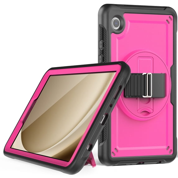 for Kids Rugged Heavy Duty Case for Samsung Galaxy Tab A9 8.7" 2023 SM-X110 / SM-X115, Shockproof 360 Degree Rotatable Kickstand with Handstrap Protective Hybrid Cover Case for Tab A9, Rose