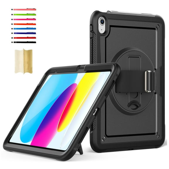 for Kids Rugged Heavy Duty Case for iPad 10th Gen 10.9 Inch 2022, Shockproof 360 Degree Rotatable Kickstand with Handstrap Protective Hybrid Cover Case for iPad 10th Generation, Black