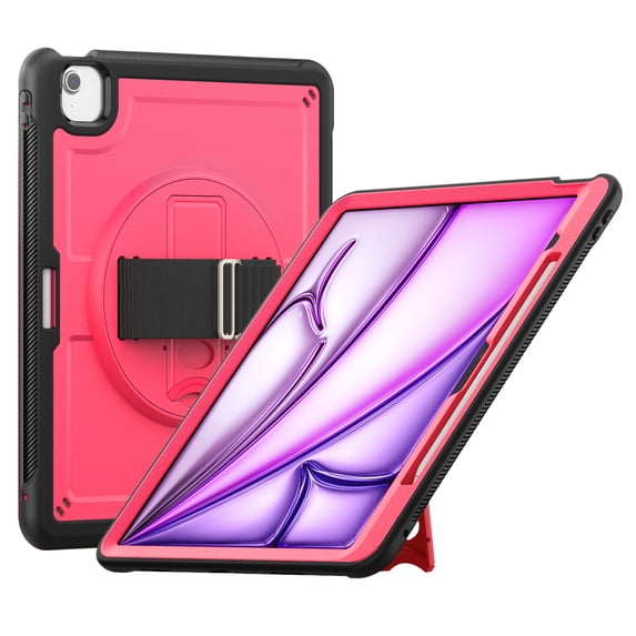 for Kids Rugged Heavy Duty Case for iPad Air 13 2024, Shockproof 360 Degree Rotatable Kickstand with Handstrap Protective Hybrid Cover Case for iPad Air 13 2024, Rose
