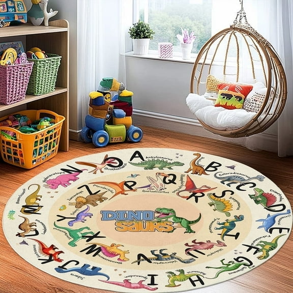 Kids Rugs for Playroom, 47in Round Educational Rug for Learn The ABC Alphabet, Soft Machine Washable Non-Slip Cute Dinosaur Carpet for Classroom Toddler Nursery Kids Room Decor Mat, Beige