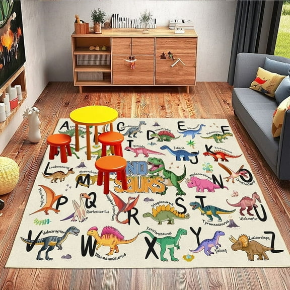 Kids Rugs for Playroom, Educational Rug for Learn The ABC Alphabet, Soft Machine Washable Non-Slip Cute Dinosaur Carpet for Classroom Toddler Nursery Kids Room Decor Mat, 4x5 ftBeige