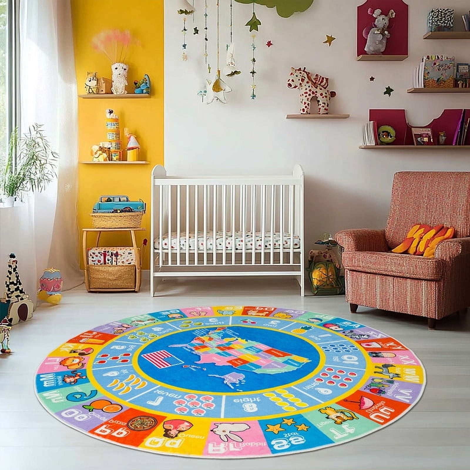 Kids Rugs for Playroom - Soft & Non-Slip 47inch Feet Round Educational ...