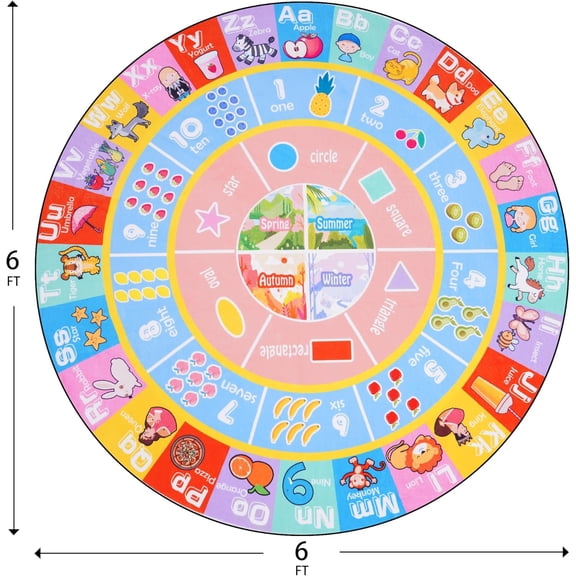 Kids Rugs for Playroom - Soft & Non-Slip 6x6 Feet Round Educational Rug for Learning ABC Alphabet, Numbers, Shapes & Season, Washable Classroom Rug for Toddler Nursery & Kids Room Decor