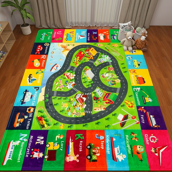 Kids Rugs Traffic Road Carpet Play Rug 118"78.7" for Playroom Transportation ABC Educational Mat Alphabet Area Rug, Kid Playtime Collection Car Track Rug Cute Cartoon Animal Letters