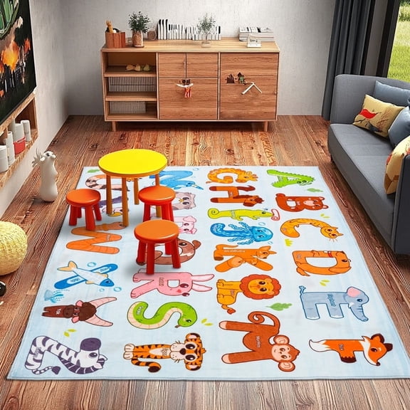 Kids Rugs for bedroom rug, 3x4 ft Educational Rug for Learn The ABC Alphabet, Soft Machine Washable Non-Slip Cute Animal Carpet for playroom Toddler Nursery Kids Room Decor Mat,gift for birthday Blue