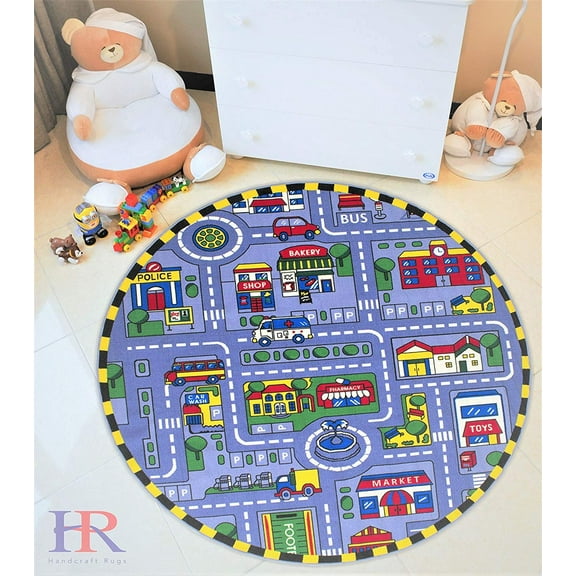 Kids Rugs by My City Pattern with Race Track Frame Grey/Yellow/Black Anti Slip Rug/Game Carpets for Kids/Kids Toy/Kids Learning Rug