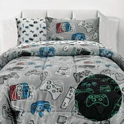 Kids Rule 5 Piece Gamer Glow in The Dark Bedding Set, Game Controllers Print, Blue, Grey - Twin