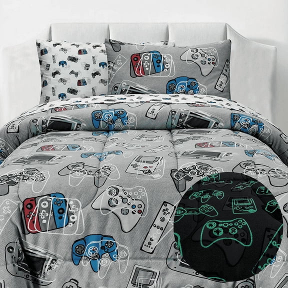 Kids Rule 7 Piece Gamer Glow in the Dark Bedding Set, Game Controllers Print, Blue, Grey - Full