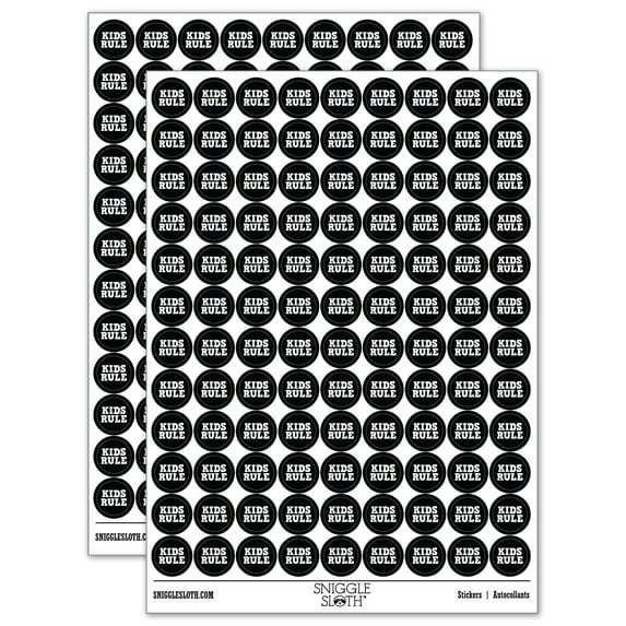 Kids Rule Fun Text 200+ Round Stickers - Black - Gloss Finish - 0.50" Size