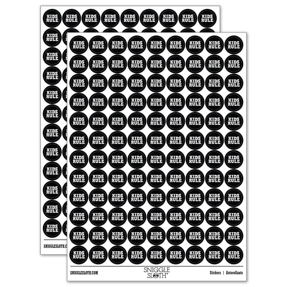 Kids Rule Fun Text 200+ Round Stickers - Black - Gloss Finish - 0.50" Size