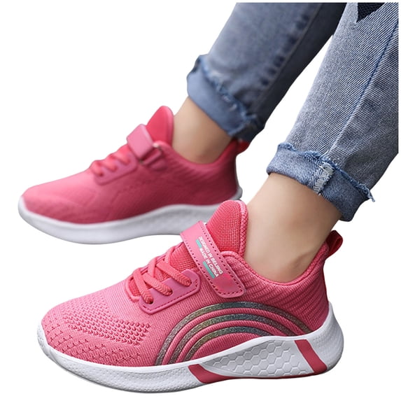 Kids Running Shoes Girls Lightweight Mesh Color Block Sneakers Comfy Arch Support Cushioning Soft Sole Hook and Loop Tennis Athletic Shoes Watermelon Red 4.5 Big Kid