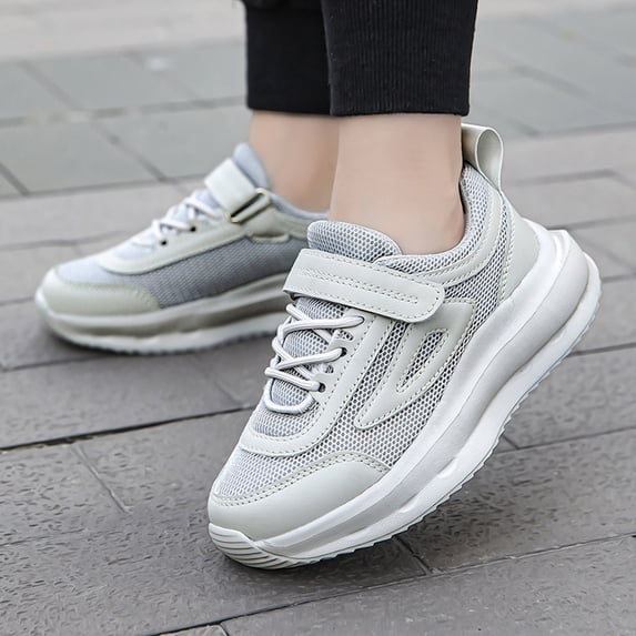Kids Running Shoes Non- Hook & Loop Lightweight Sneakers Breathable Tennis Shoes Adjustable Sport Mid Top Sneaker (Grey 14.5-15 Years)