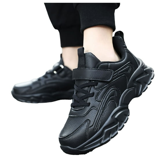 Kids Running Shoes Solid Color Waterproof Leather Athletic Trekking Trainers Sneakers Comfortable Arch Support Platform Tennis Shoes Black 13.5 Little Kid
