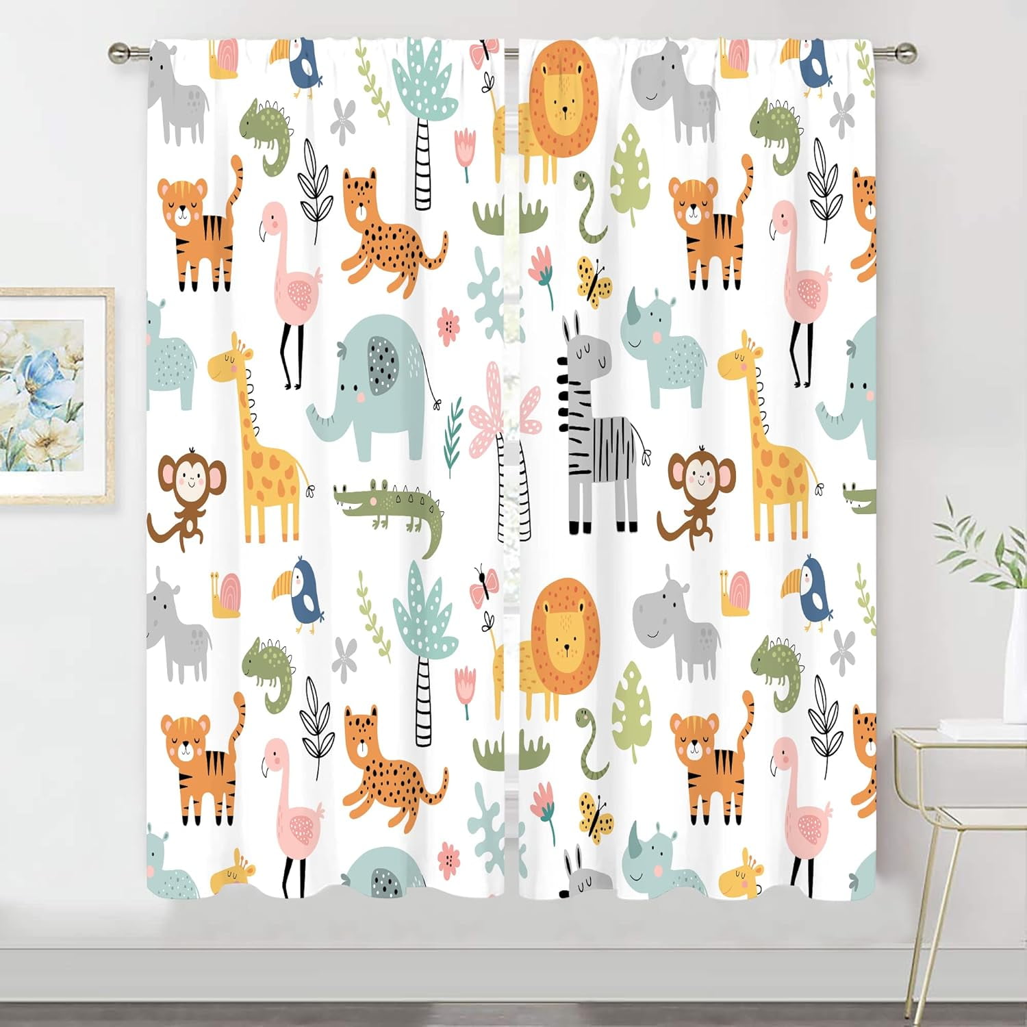 Kids Safari Animal Curtains 42Wx63H Inch Rod Pocket Nursery Baby Boy ...