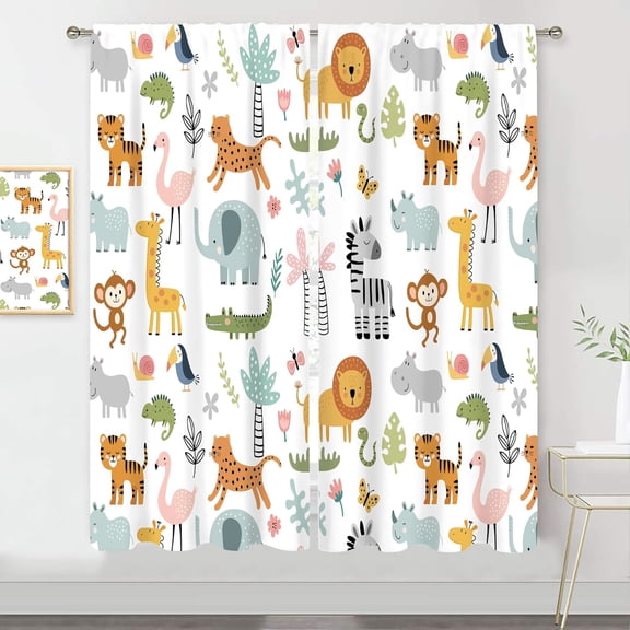 Kids Safari Animal Curtains 42Wx63H Inch Rod Pocket Nursery Baby Boy Bedroom Decor Cartoon Lion Jungle Woodland Wildlife Toddler Girl Children Living Room Window Drapes Fabric