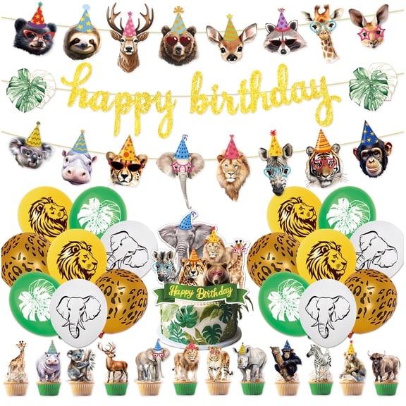 Kids Safari Jungle Zoo Birthday Party Decorations, Gold Glitter Happy Birthday Banner, Cartoon Wild Animal Bunting, Tropical Animal Print Latex Balloons, Cake & Cupcake Toppers for Jungle Themed Birt