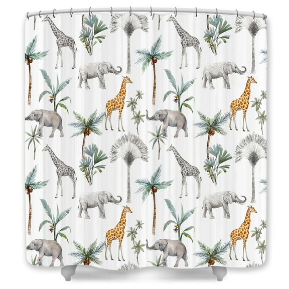 Kids Safari Theme Shower Curtain, Funny Cartoon Woodland Jungle Bathroom Decorations with 12 Hooks, 60X70IN