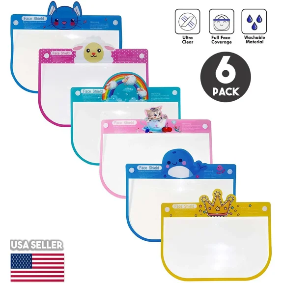 Kids Safety Face Shield Visor, Reusable Adjustable Anti-Fog Layer Protect 6Pcs