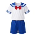 thumbnail image 1 of Kids Sailor Uniform 2-Piece Set Cheerleader Style Short Sleeve Top with Bow + Elastic Waist Shorts for Boys Girls Back to School Performances Stage Show(Blue-Shorts,6-7 Years), 1 of 9