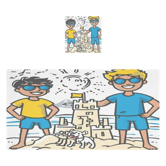 Kids Sand Castle 2 Piece Cotton Bath and Face Towel Set Soft and Absorbent, for Beach Pool Bathroom